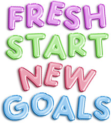 Fresh Start, New Goals, New Year Foil Balloons, Vibrant Foil Balloon Typography Design for Motivation and Inspiration - Purple, Green, Pink, and Blue Metallic Letters PNG
