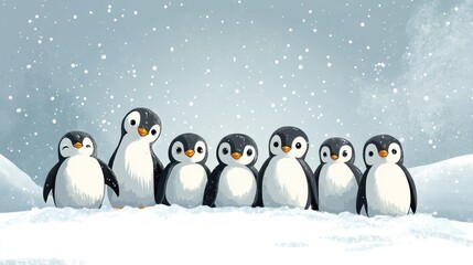 Cute penguins standing in snowy landscape, winter scene