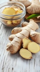 Fresh Ginger Root Slices on Rustic Wooden Table