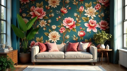 Elegant Living Room Decor with Vibrant Floral Wall Mural and Comfortable Sofa