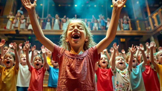 Children performing a play on stage, highlighting the importance of arts and drama in school