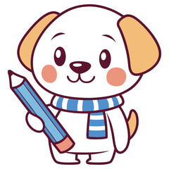 Adorable Cartoon Dog Holding a Pencil with Blue Scarf, on Transparent Background