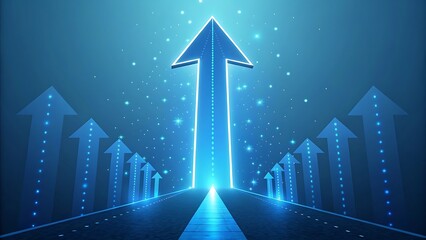 Fototapeta premium Road to Success: Conceptual Illustration with Ascending Arrows and Glowing Pathway for Progress Visualization and Future Goals.