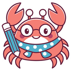 Cute Outlined Crab Wearing Glasses and Scarf Holding a Pencil on White Background