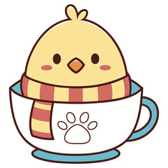 Cute Cartoon Chick Inside White Cup with Paw Print and Colorful Scarf Design