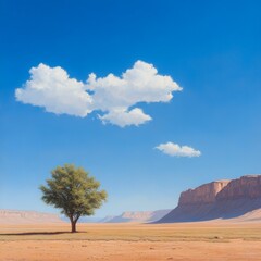 Fototapeta premium A solitary tree stands amidst a vast, arid landscape under a bright blue sky, dotted with fluffy clouds, This serene scene can be used for nature themes, relaxation, and environmental awareness,