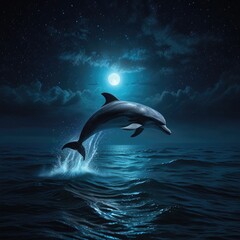 Naklejka premium A dolphin leaps in a moonlit ocean