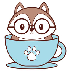 Cute Cartoon Squirrel with Glasses Sitting in Blue Cup With Paw on White