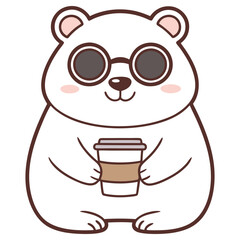 Cartoon White Bear Character With Sunglasses Holding Coffee Cup, Simple Outline