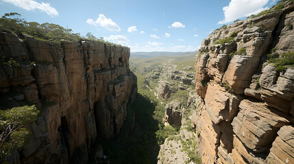Wide Angle View Of Canyon Landscape With Brown Cliffs And Green Vegetation Under Blue Sky Sunlight