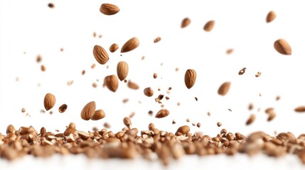 nuts such as walnut, almond, peanut, hazelnut falling from a height