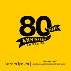 80th years anniversary celebration emblem. black logo isolated with ribbon on yellow background. vector illustration template design for web, flyers, poster, greeting card and invitation card
