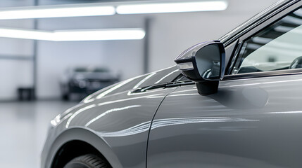 A car in a car detailing shop, viewed from the side, showcasing the meticulous cleaning and restoration process, with a focus on the car’s sleek design and professional detailing environment.

