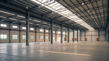 Spacious and Bright: Interior View of Empty Warehouse Structure with Metal Framework and Natural Lighting.