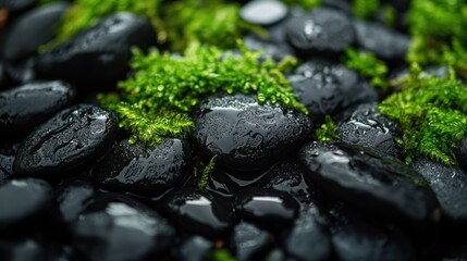 Wet black stones, green moss, close-up, nature, zen