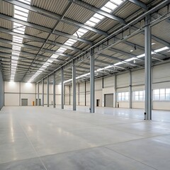 Spacious Empty Warehouse Interior Featuring High Ceilings, Metal Support Beams, Concrete Floor and Natural Lighting From Skylights.