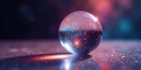 Naklejka premium A shimmering sphere, reflecting an inner cosmos of vibrant starlight and cosmic dust, rests on a sparkling surface, a captivating image of celestial beauty and ethereal wonder.
