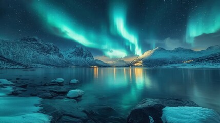 Naklejka premium Majestic Northern Lights Dancing Over Snowy Mountain Landscape