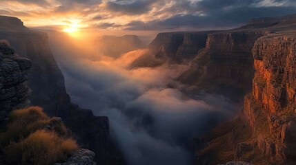 Mountain Canyon Sunset Mist. Majestic view of a mountain canyon valley filled with clouds as the sun sets. Scenic landscape photography