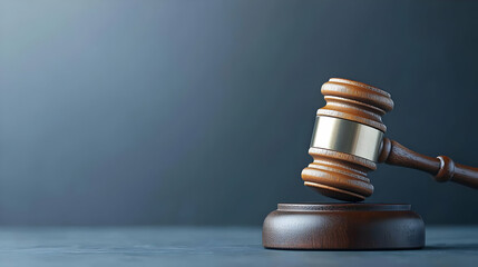 Wooden Gavel On Wooden Base With Gold Band Against A Dark Grey Backdrop in Studio Lighting