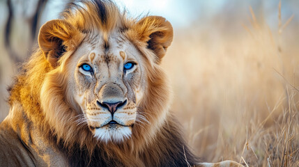 Fototapeta premium Majestic black-and-white lion with piercing blue eyes, a symbol of rare beauty and untamed wilderness.