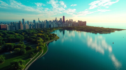 A spectacular aerial drone view of Chicago&acirc;&euro;&trade;s skyline, showcasing Lake Michigan, downtown skyscrapers, and a lush city park in Illinois