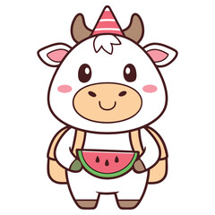 Cute Cartoon Cow with Party Hat Holding Watermelon Slice On White Background