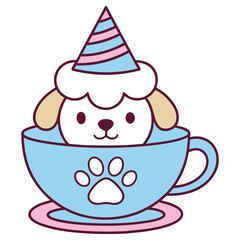 Cartoon Dog Wearing Party Hat Sitting in Blue Cup with Paw Print on Transparent Background