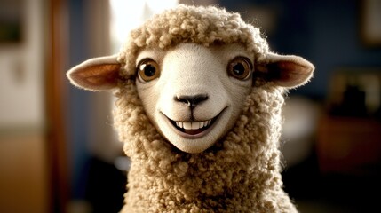 Cheerful animated sheep with a friendly expression in a cozy indoor setting