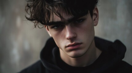 Fototapeta premium Portrait of a serious young man with wavy dark hair and thick eyebrows wearing black clothes
