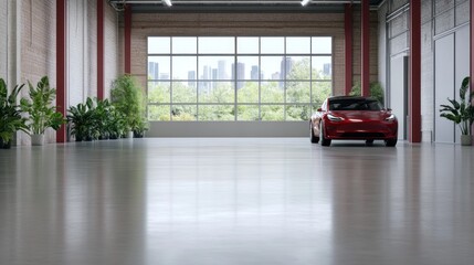 Red vehicle parked industrial interior