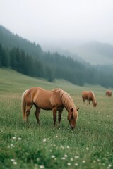 Naklejka premium A serene landscape featuring a grazing horse in a lush, green meadow, surrounded by softly blurred hills and additional horses in the background, Ideal for nature, lifestyle, or agriculture themes,