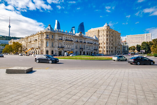 Baku, Azerbaijan &ndash; october 27, 2024: Azneft Square, State Oil Company of Azerbaijan Republic SOCAR, Flame Towers at clear day