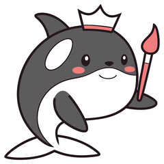 Cartoon Gray Orca with Crown and Paintbrush on Transparent Background