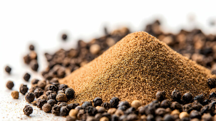 Pile Of Ground Pepper Beside Whole Peppercorns On White Background