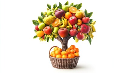 Naklejka premium Fruit tree with basket, healthy eating, white background, food abundance