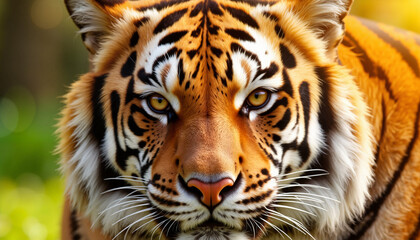 Fototapeta premium Fierce tiger gazing with intense focus in golden sunlight, wildlife majesty