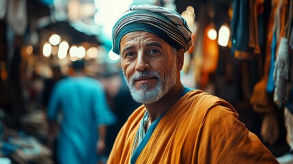 Fototapeta premium A wise looking man wearing traditional attire stands confidently in a bustling market. His expression tells stories of experience and culture. Generative AI