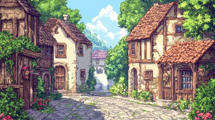 Obraz premium Pixel art charming town with cobblestone streets, flower-adorned buildings, and bright skies, evoking medieval nostalgia. Perfect for retro games, fantasy villages, and European-inspired scenes.