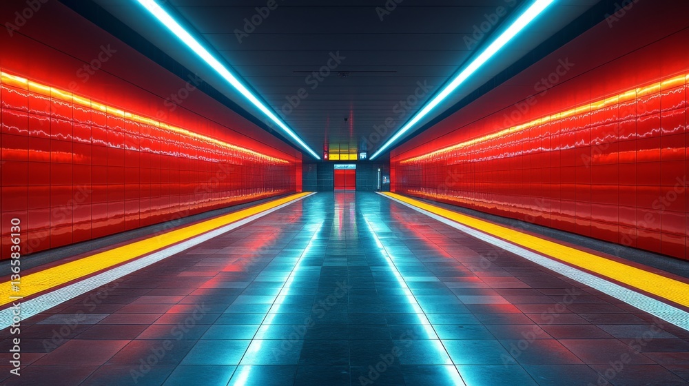 Poster a brightly lit subway station features sleek, red walls and glowing lights, creating a stunning visu