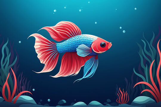Vibrant Betta Fish Illustration - Exotic Siamese Fighting Fish in Tropical Underwater Scene