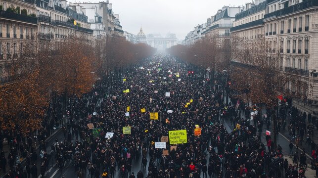 Massive protest march through city streets, overcast day