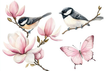 Delicate watercolor illustrations featuring two small birds perched branches adorned with blooming magnolia flowers, accompanied by soft pink butterfly, evoke serene and harmonious nature scene