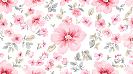 Watercolor floral seamless pattern with hand-painted blush pink flowers and green leaves on white background. Botanical print.