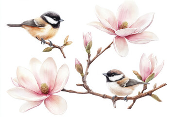 Beautiful watercolor illustration featuring two small birds perched on branch with delicate magnolia flowers. scene evokes sense of tranquility and nature beauty