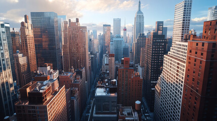 Obraz na płótnie Canvas A striking cityscape of downtown New York, showcasing towering skyscrapers, real estate marvels, and an empty rooftop symbolizing success