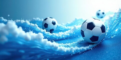 Fototapeta premium Abstract blue & white waves, dynamic soccer balls in motion , flow, motion, design