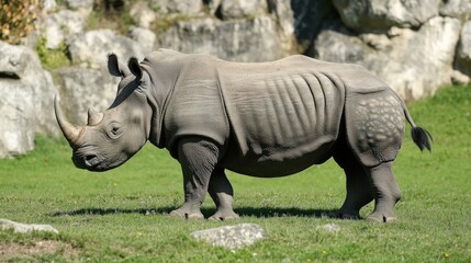 Sumatran Rhinoceros: Adult Herbivore Animal in Indonesia, Standing on Grass Outdoors