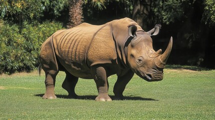 Fototapeta premium Sumatran Rhinoceros: Adult herbivore mammal in Asia standing on grass