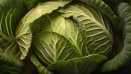 Obraz premium warm tone close-up of fresh green cabbage with layered leaves and natural texture, high detail organic vegetable for healthy food, clean eating, and farm produce concepts 